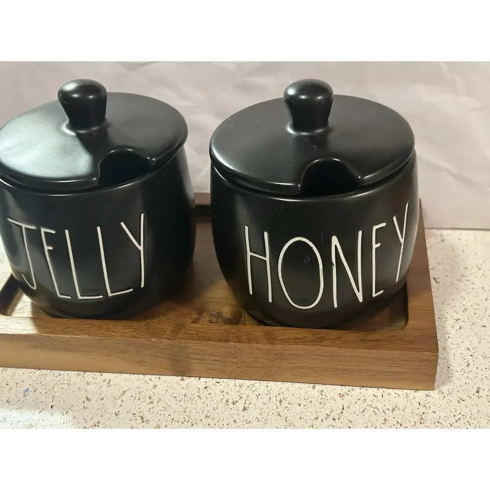 RAE DUNN Black HONEY & JELLY Set Lids & Wood Tray Breakfast Toast Artisan